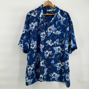 Island Blue Hawaiian Shirt Men XL Short Sleeve Aloha Camp Blue White Floral